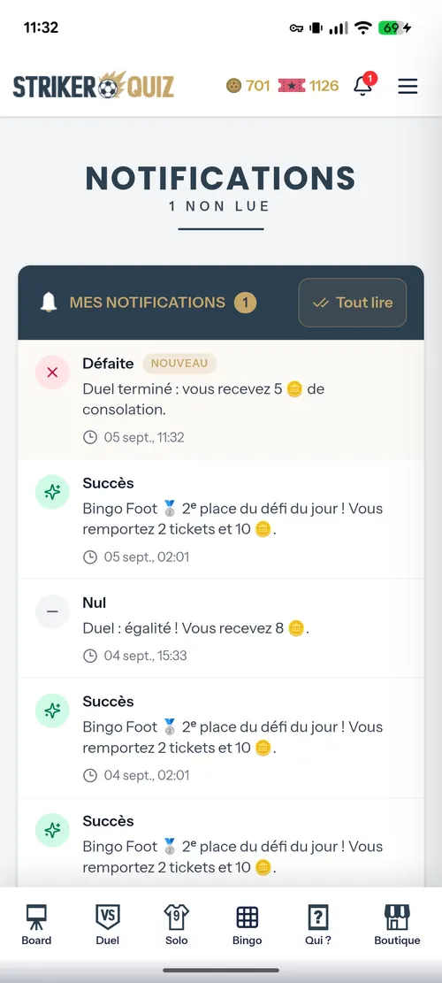 Les notifications de duel et de récompense